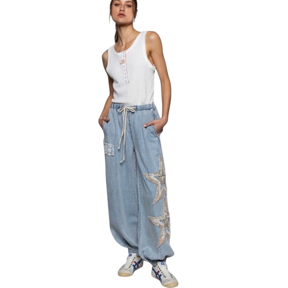 POL Clothing Women Light Wash Blue Star Patchwork Lace Jogger Pants Boho M